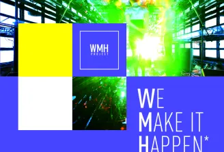 WMH Project promotional image featuring a modern stage with vibrant green and yellow lighting, displaying the text 'We make it happen' with the tagline 'We make it possible' in French, showcasing an event production portfolio for Bordeaux.