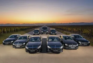 Fleet of black Mercedes-Benz luxury vehicles displayed in a vineyard landscape at sunset, with rows of grapevines and mountains in the background