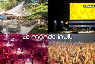 Le Monde Inuit event venue portfolio showcasing elegant outdoor dining setup with white tables and sail shade, modern auditorium with yellow welcome screen, vibrant pink gala dinner, and concert crowd audience in Bordeaux.