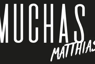 Muchas Matthias logo in white text on black background, featuring bold capital letters and stylized cursive script