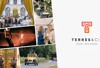 Collage of luxury events by Terres & Cie in Bordeaux: elegant beachside gathering, gourmet cuisine, classical performance, fine dining reception, vintage car parade, and cultural celebrations.
