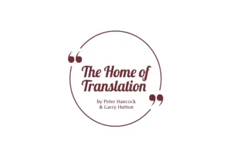 Logo for 'The Home of Translation' by Peter Hancock and Garry Hutton, featuring stylized quotation marks in a circular design with burgundy text