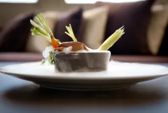 Fine dining dish plated on white ceramic, featuring a brown mousse dome garnished with leek strips, microgreens, and a carrot piece, served in an upscale restaurant setting with blurred burgundy seating in the background.