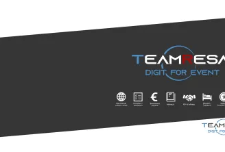 TeamResa logo and branding presentation showing 'Digit for Event' tagline with eight service icons including international bookings, reservations, payment options, abstracts management, partnership opportunities, accommodation, accessibility features, and