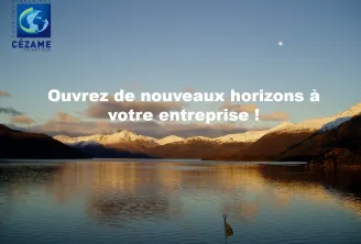 Scenic mountain lake landscape with snow-capped peaks at sunset, featuring Cézame Atlantique logo and tagline 'Open new horizons for your business'