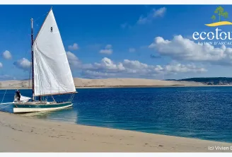 Traditional sailing boat with white sail anchored in shallow turquoise water off a sandy beach, with sand dunes visible in the background under a blue sky with white clouds.