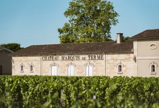Château Marquis de Terme winery building with cream-colored stone facade and white doors, surrounded by vineyard rows in Bordeaux