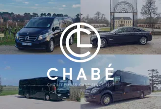 Chabe chauffeur service in Bordeaux - collage showing luxury Mercedes van, premium sedan, and modern coaches for professional transportation since 1921