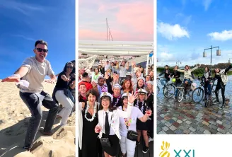 Three photos showing XXL Happyness team members enjoying outdoor activities in Bordeaux: beach fun, group gathering on a boat, and cycling tour with colleagues