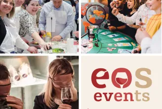 Collage of four images showing EOS Events activities in Bordeaux: culinary workshop with chefs, casino gaming event with participants, wine tasting experience, and EOS Events logo with tagline 'Epicurieux • Oenologiques • Sensoriels'