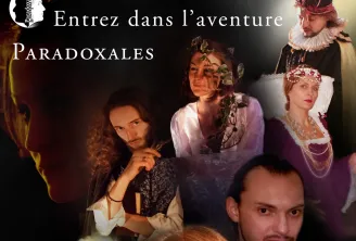 Group of performers in Renaissance and historical costumes posing dramatically against a dark background with theatrical lighting. Text reads 'Entrez dans l'aventure Paradoxales' with a spine logo.