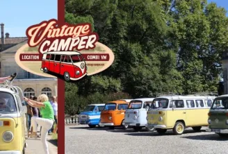 Vintage Camper rental location in Bordeaux featuring a collection of colorful Volkswagen Combi vans parked in front of historic buildings, with a red vintage camper sign and people enjoying the vehicles.