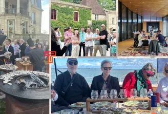 Collage of corporate incentive events in Bordeaux featuring outdoor gatherings at historic venues, wine tastings by the seaside, and modern indoor meetings with groups of professionals.