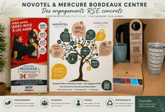 Display panels showcasing Corporate Social Responsibility commitments of Novotel and Mercure Bordeaux Centre hotels, featuring environmental impact reduction, solidarity initiatives, human-centered actions, and sustainability statistics including waste re