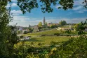 Panoramic view of Saint-Émilion with its church steeple overlooking terraced vineyards and medieval stone walls, surrounded by lush green vegetation under a partly cloudy sky.