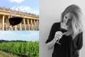 Collage showing Bordeaux wine culture: a glass of red wine in front of the Grand Théâtre, a woman tasting wine, and vineyard rows in the region.