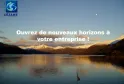 Scenic mountain lake landscape with snow-capped peaks at sunset, featuring Cézame Atlantique logo and tagline 'Open new horizons for your business'