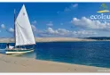 Traditional sailing boat with white sail anchored in shallow turquoise water off a sandy beach, with sand dunes visible in the background under a blue sky with white clouds.
